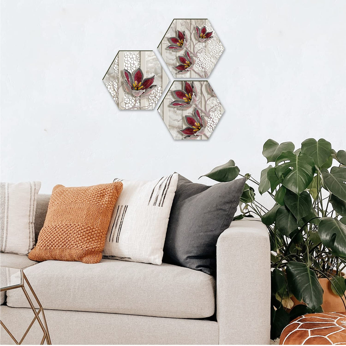 Floral Wall Painting For Living Room Hexagonal Set of 3 (C)