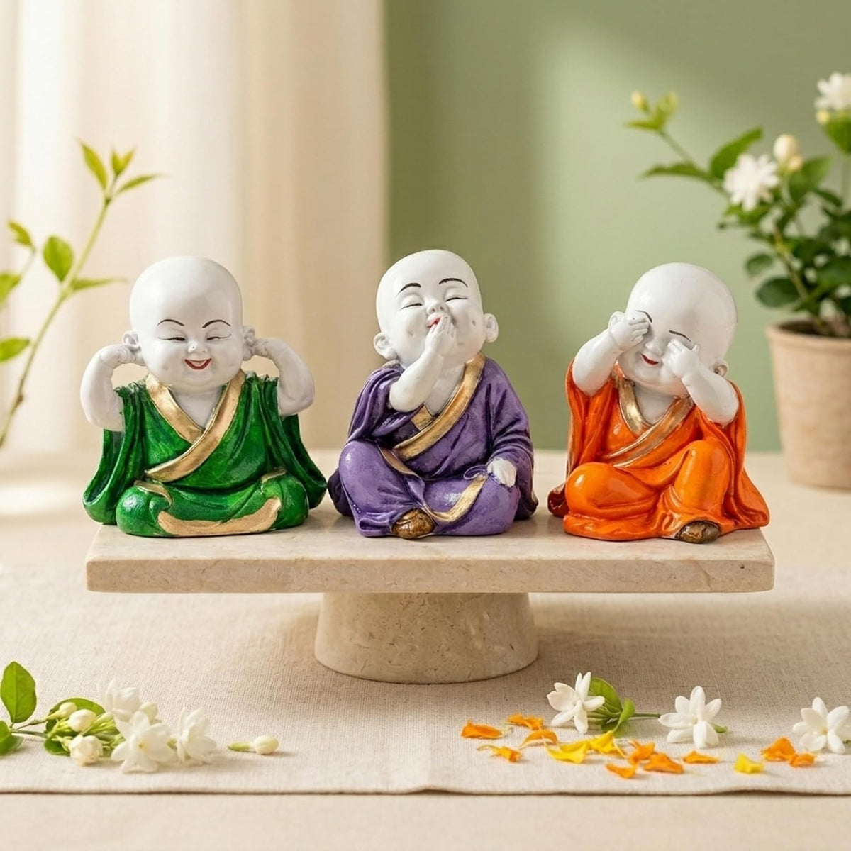 eCraftIndia Resin Green, Purple & Orange Think No Evil Speak No Evil Hear No Evil Set of 3 Cute Little Monk Buddha Statues Decorative Showpieces for Car Dashboard Home Office Desk Decor Gift Purpose