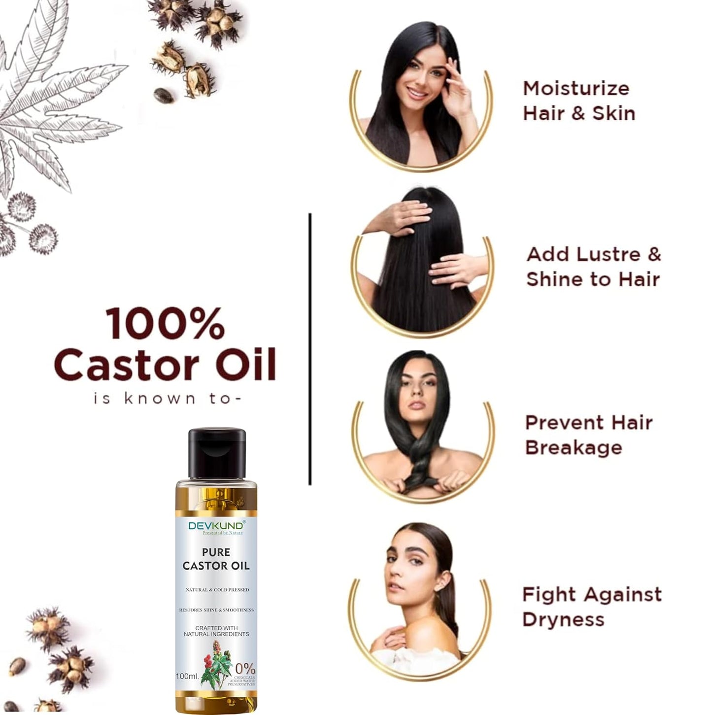 Promotional image of Devkund Pure Castor Oil with benefits listed on a white background.