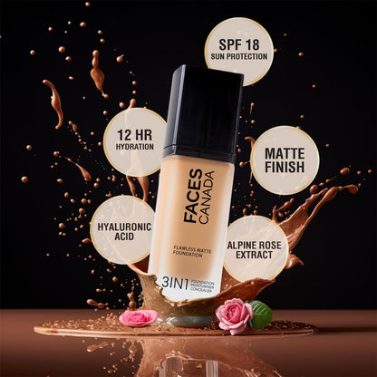 FACESCANADA Flawless Matte Foundation - Rich Ivory 30 Ml|3-In-1 Foundation+Moisturizer Cream For All Skin Types+Concealer|12 Hr Hydration+Spf 18|Hd Matte Coverage|Lightweight|Anti Ageing,Pack Of 1