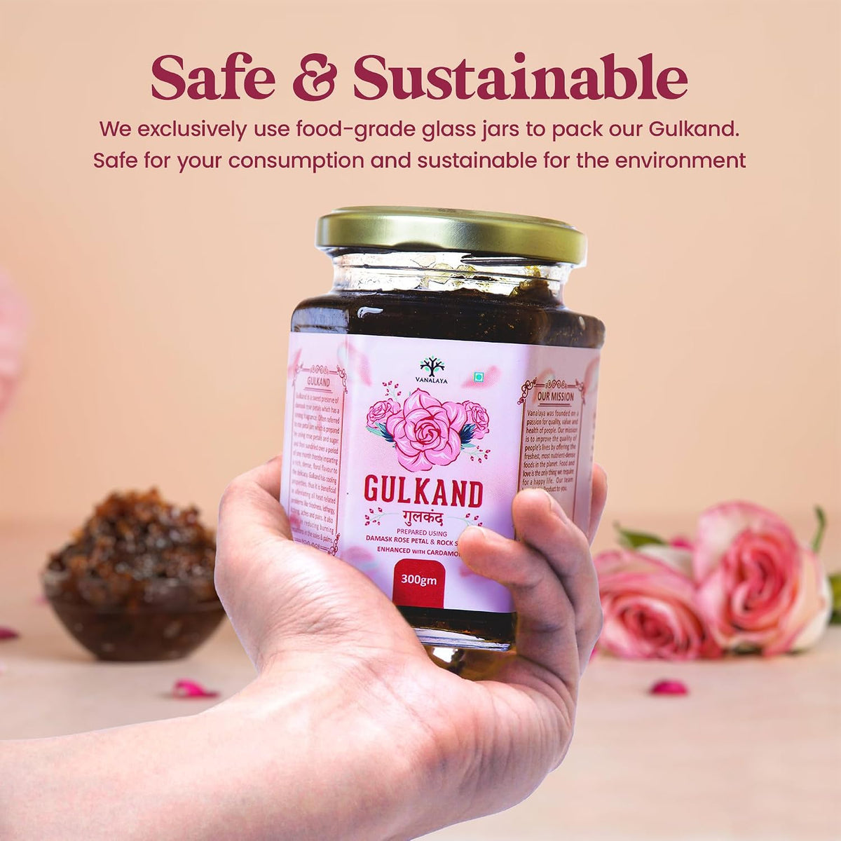VANALAYA Natural Gulkand Rose Petal Jam - Traditional Ayurvedic Sun-Cooked Damask Rose with Cardamom - Natural Rose Gulkand 300g