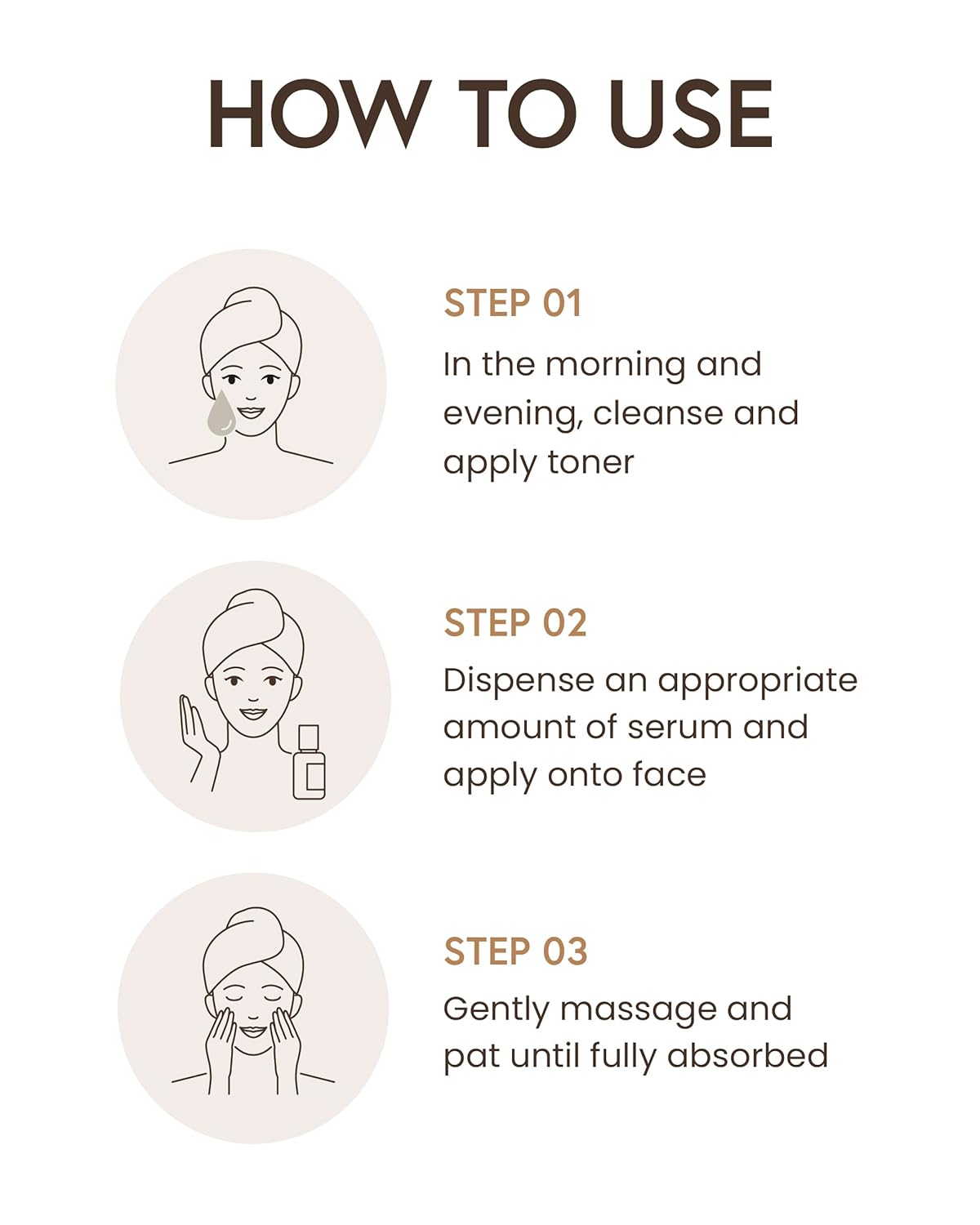 Step-by-step guide on how to use skincare products with illustrations and text.