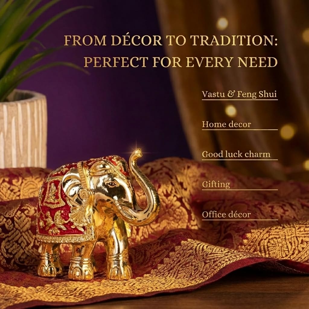 Gold Plated Trunk Up Elephant Idol Showpiece for Vastu, Prosperity, Good Luck, Gifting for House Warming and Home Decor -3 Inches (1, Gold)