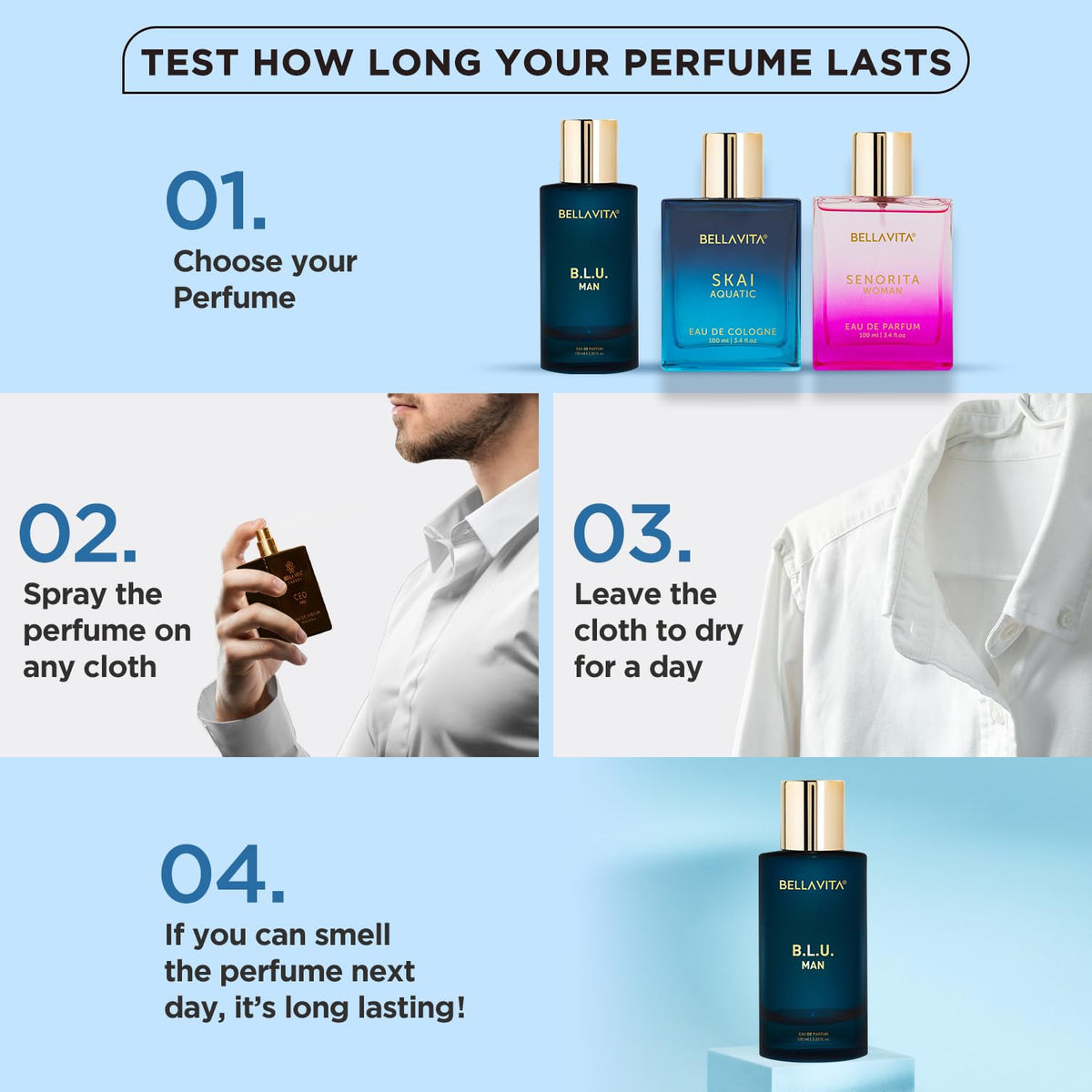 Instructions for testing perfume longevity with Bellamica products displayed.