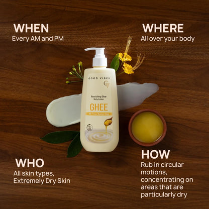 Good Vibes Nourishing Glow Ghee Body Lotion with Shata Dhauta Ghrita (100 Times Washed Ghee) | 48-Hour Hydration in a Single Use | Skin Barrier Repair | Lightweight, Non-Greasy Formula | Suitable for All Skin Types (400 ml)