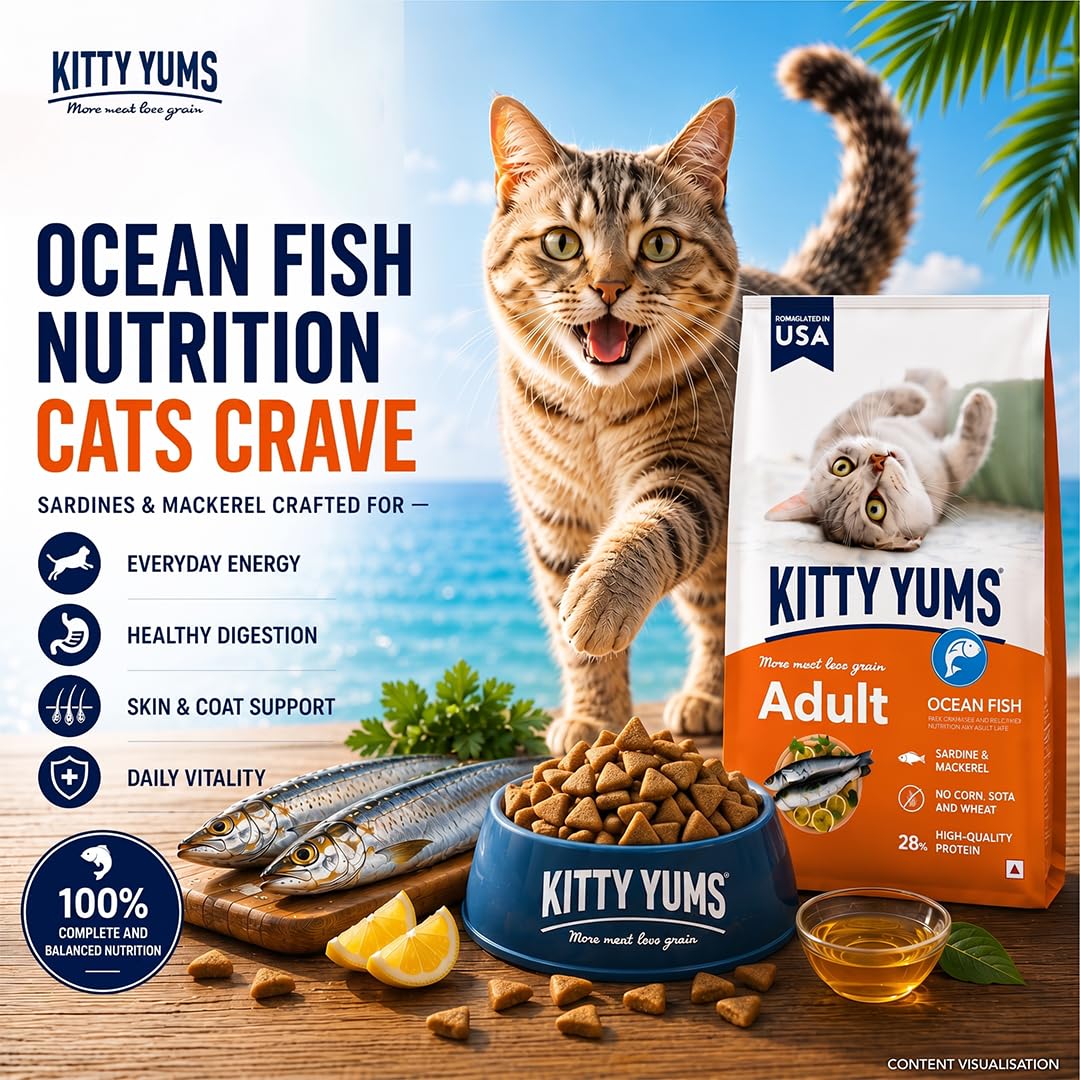 Kitty Yums Adult (+1 Year) Dry Cat Food 1.2kg Pack | Ocean Fish Flavour | Develop Strong Bones | Healthy Skin & Coat | Supports Digestive System | Maintains a Healthy Heart