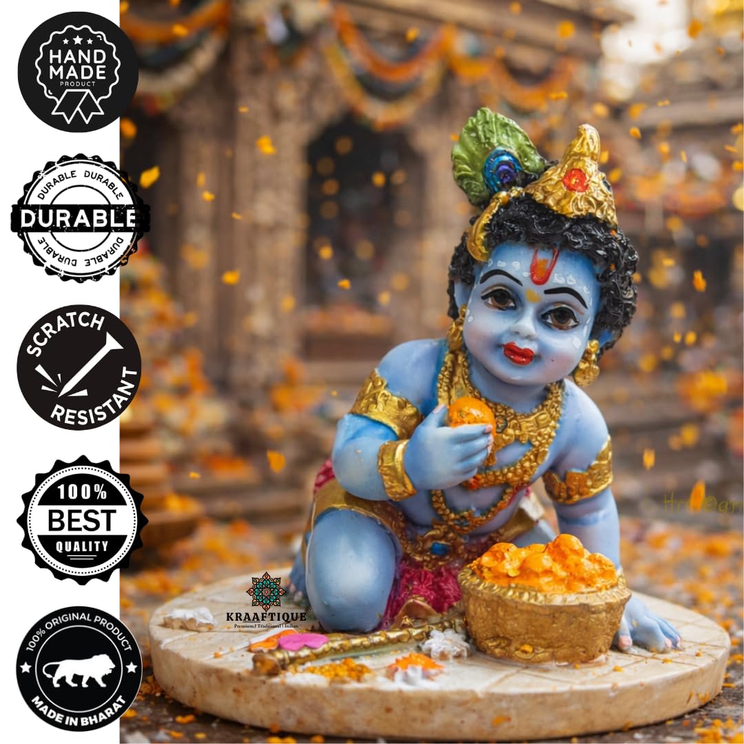 Baby Krishna Idol for Home Temple & Pooja Room | Laddu Gopal Murti, Bal Gopal Makhan Chor Statue, Marble Dust Krishna Showpiece for Mandir Decor, Janmashtami Gift, Car Dashboard Decoration (4 Inch)