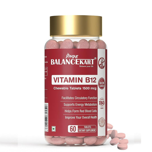 Jar of BalanceKari Vitamin B12 chewable tablets with a gold lid on a white background