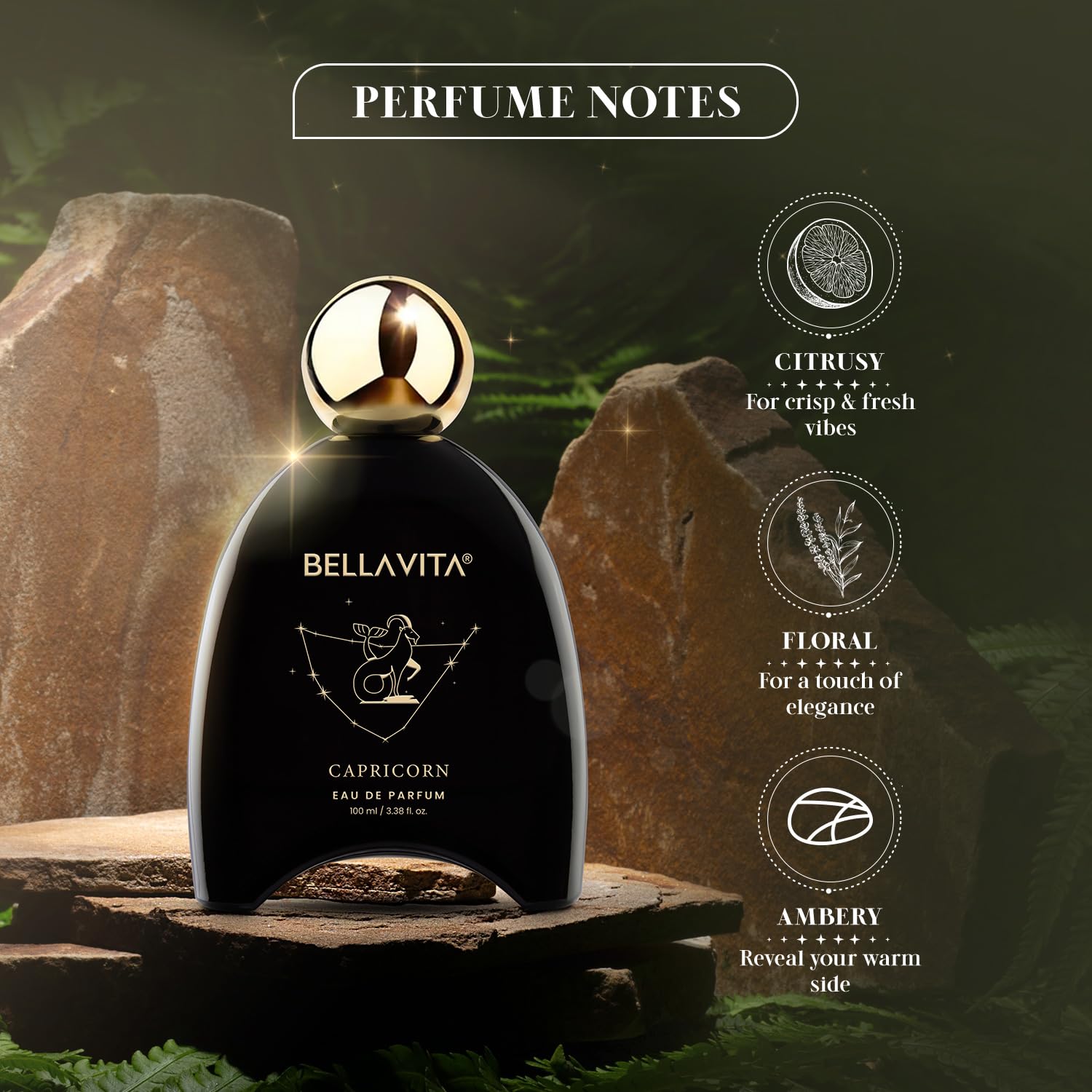 Bellavita Capricorn perfume bottle withPerfume Notes on a natural stone background