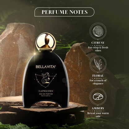 Bellavita Capricorn perfume bottle withPerfume Notes on a natural stone background