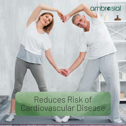 Two people exercising together with a text overlay about reducing the risk of cardiovascular disease, branded 'ambrosial'.