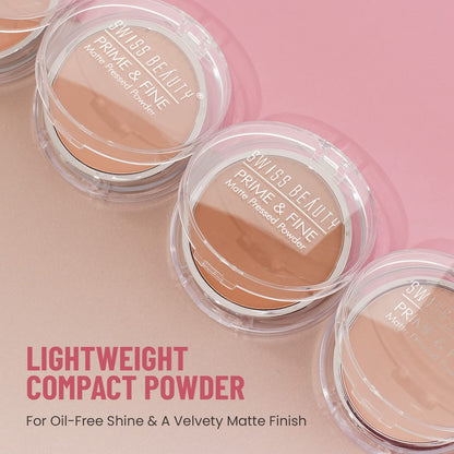 Swiss Beauty compact powders on a pink background