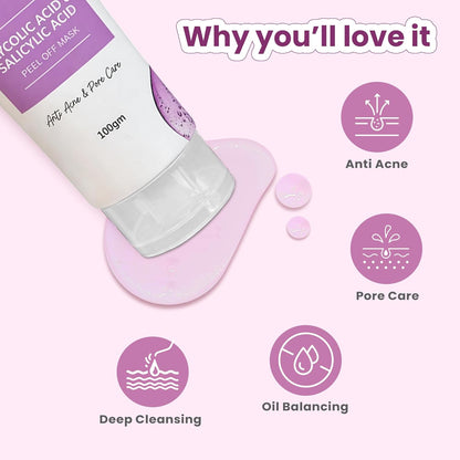 Glamveda 0.05% ww Glycolic Acid & 0.05% ww Salicylic Acid Anti Acne Peel off mask | For Oily & Acne Prone Skin | Oil balancing, Deep Cleansing | Blackhead & Pore care | 100gm