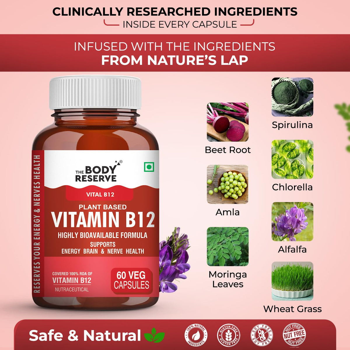 Vitamin B12 supplement bottle with nature's ingredients on a pink background