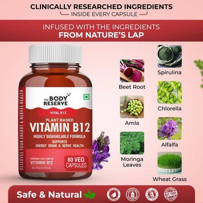 Vitamin B12 supplement bottle with nature's ingredients on a pink background