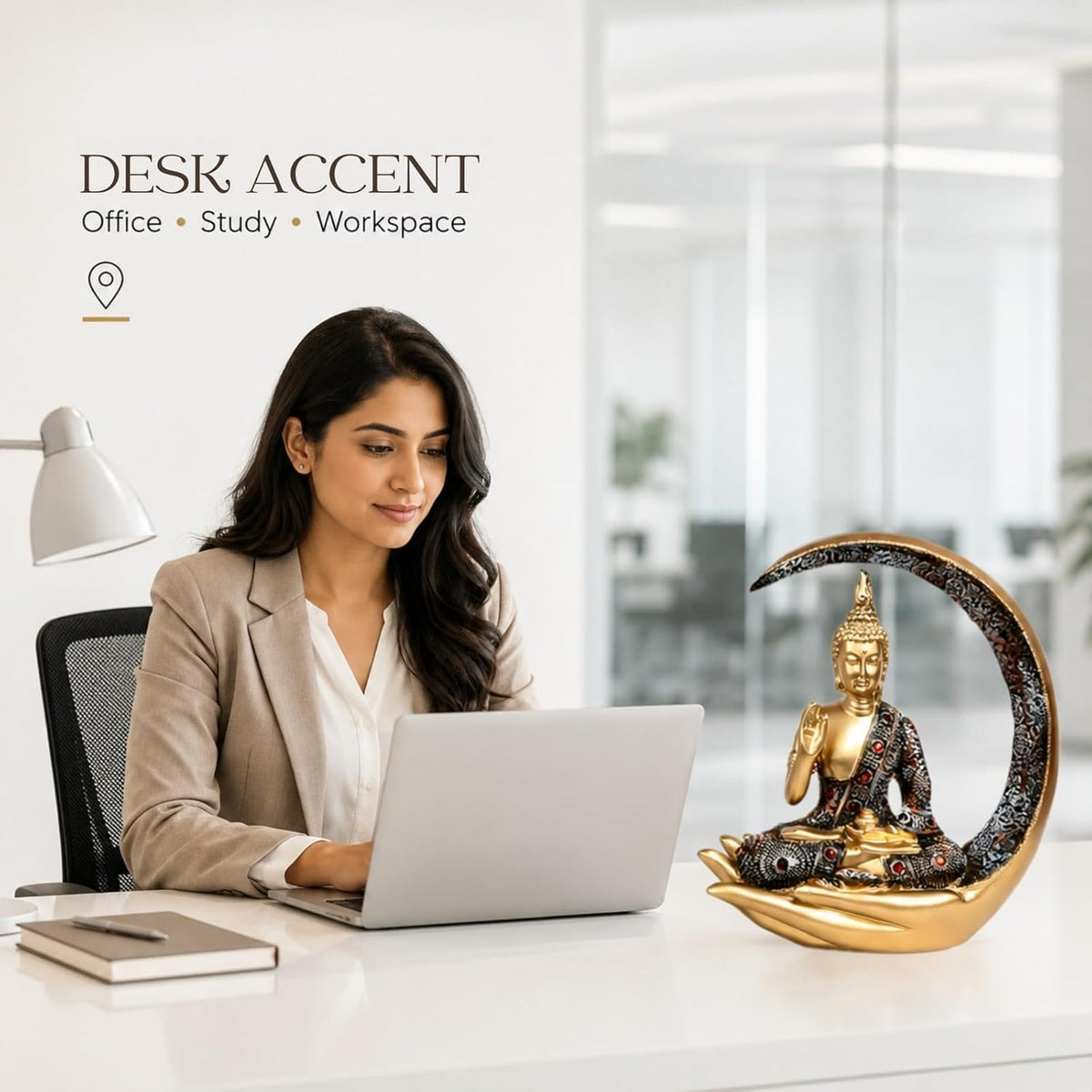 10 Inches 3D Resin Lucky Golden Crescent Moon Meditating Buddha Statue | Lord Gautam Buddha Idol for Home Decor, Living Room, Office & Gifting