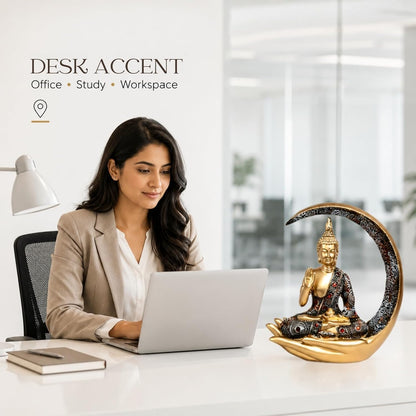 10 Inches 3D Resin Lucky Golden Crescent Moon Meditating Buddha Statue | Lord Gautam Buddha Idol for Home Decor, Living Room, Office & Gifting