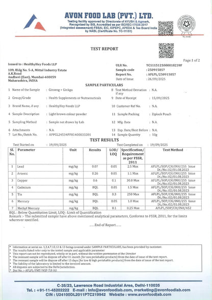 Avon Food Lab test report with various parameters and results.