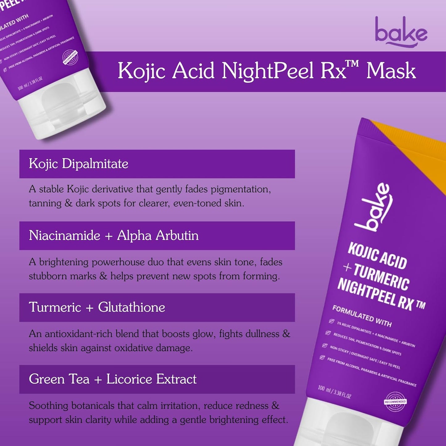 BAKE 1% Kojic Acid Night Peel Off Mask with Niacinamide & Turmeric | Reduces Pigmentation, Dark Spots & Tan | Overnight Peel Technology | Skin Brightening, Instant Glow - 100g