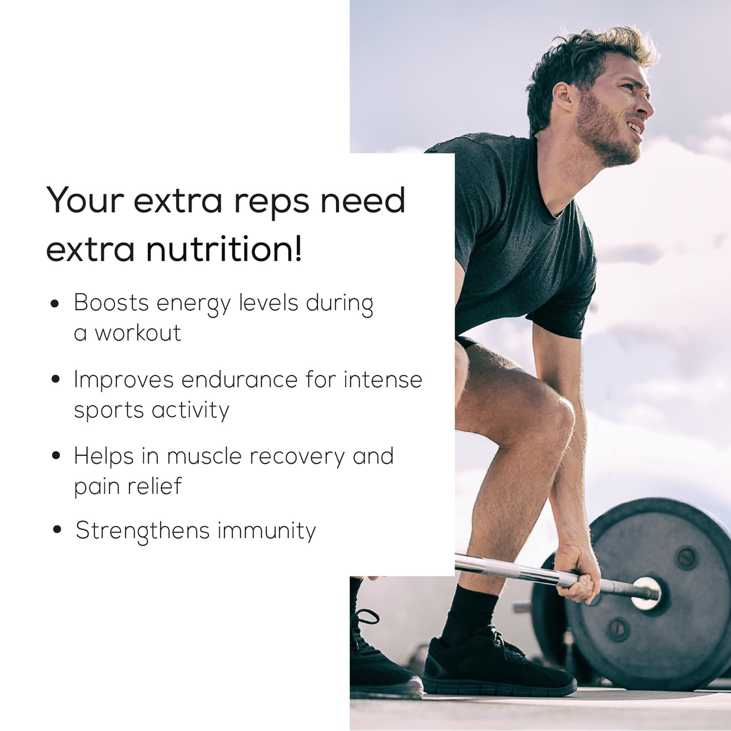 Man lifting weights with text about nutrition benefits on a white background