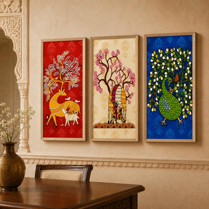 Set of 3 Folk Animal Tree Wall Paintings with Sparkle Laminate, Premium Wooden Synthetic Frame, Deer Elephant Peacock Art for Living Room Bedroom Decor