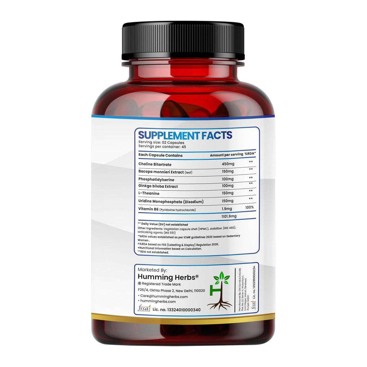 Humming Herbs Choline 1122mg with Bacopa, Ginkgo, Phosphatidylserine, L-Theanine & B6 | 7-in-1 Cognitive Support Formula | 90 Veg Capsules | 45 Days Supply | Brain Health Supplement
