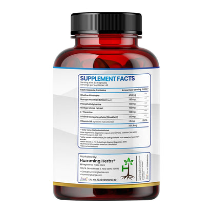 Humming Herbs Choline 1122mg with Bacopa, Ginkgo, Phosphatidylserine, L-Theanine & B6 | 7-in-1 Cognitive Support Formula | 90 Veg Capsules | 45 Days Supply | Brain Health Supplement