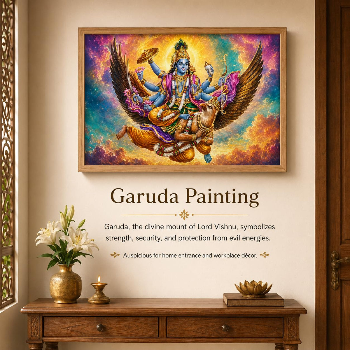 Lord Vishnu Garuda Vastu Devotional Wall Painting for Living Room Bedroom Hall Office Decor, Hindu Spiritual Artwork, Premium Wooden Synthetic Frame (13.5 x 19.5 Inch) NM01-V-165