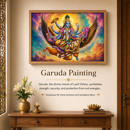 Lord Vishnu Garuda Vastu Devotional Wall Painting for Living Room Bedroom Hall Office Decor, Hindu Spiritual Artwork, Premium Wooden Synthetic Frame (13.5 x 19.5 Inch) NM01-V-165