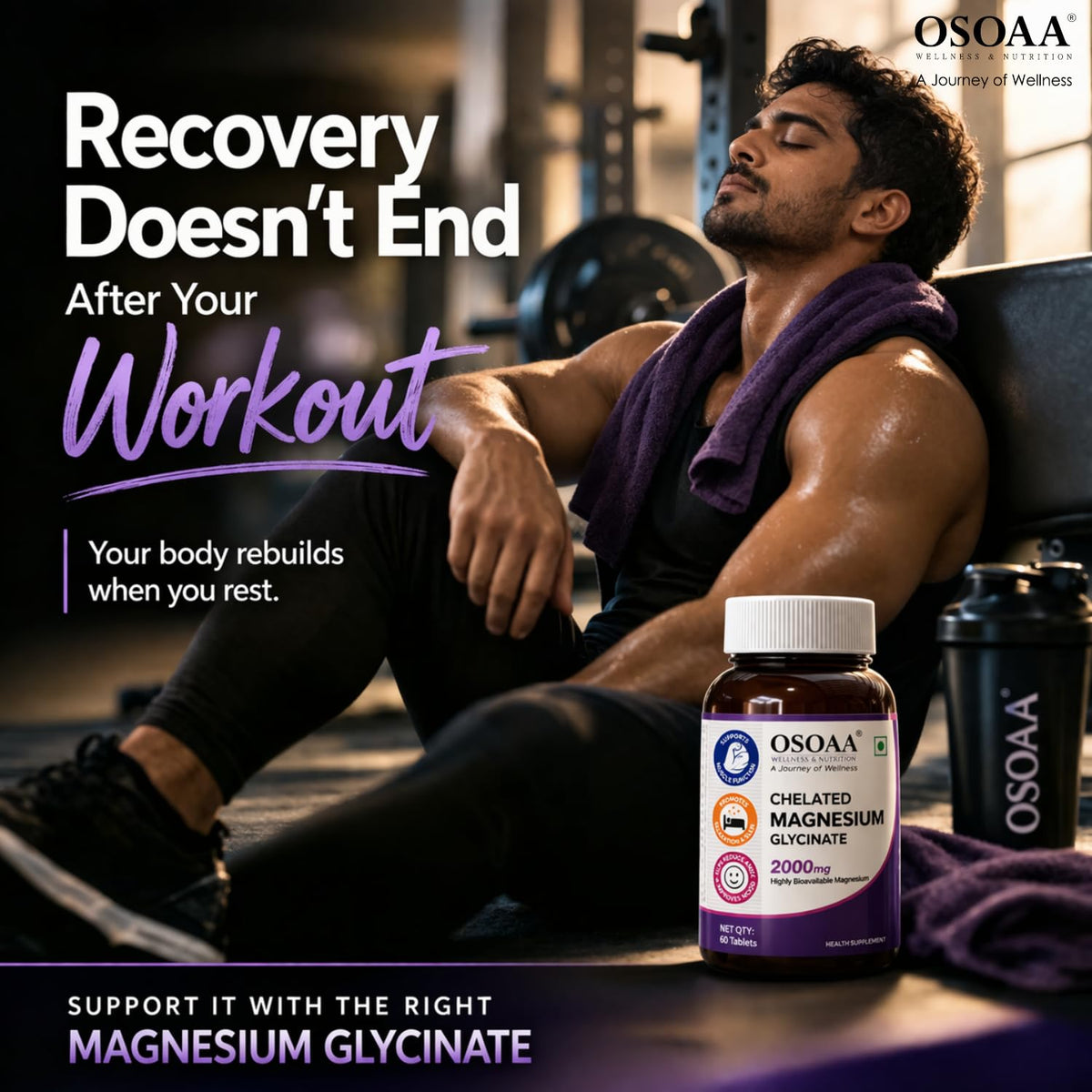 Man resting after workout with OSOAA magnesium supplement bottle
