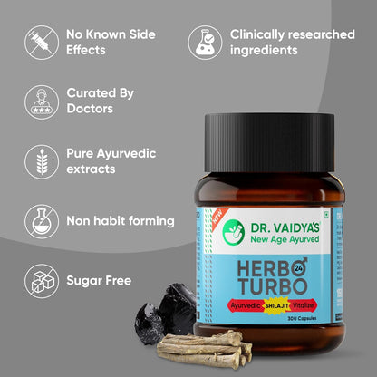 Dr. Vaidya’s Herbo24Turbo Capsules | Supports Vitality | For Strength, Stamina & Power | Shuddha Shilajit, Safed Musli | Sugar Free | Pure Ayurvedic Extracts | 30 capsules