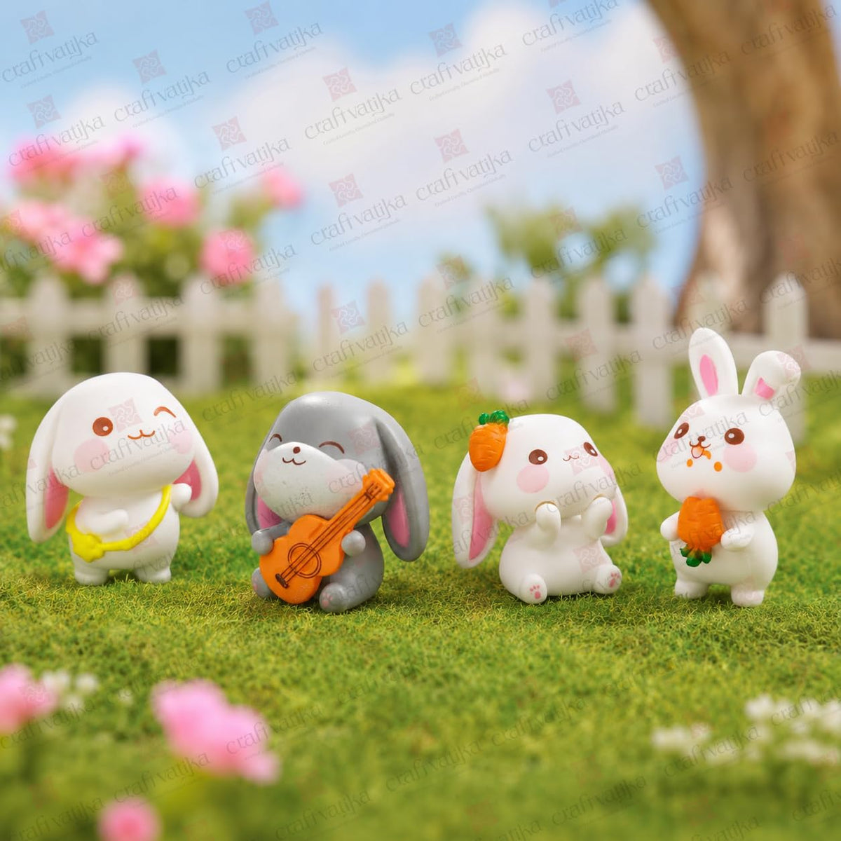 Miniature Showpiece Birthday Gift for Girls Kids, Rabbit Bunny Showpiece Set of 4 for Home Decor Items, Car Dashboard Items, Table Decoration Items, Valentine Day Gift for Girlfriend