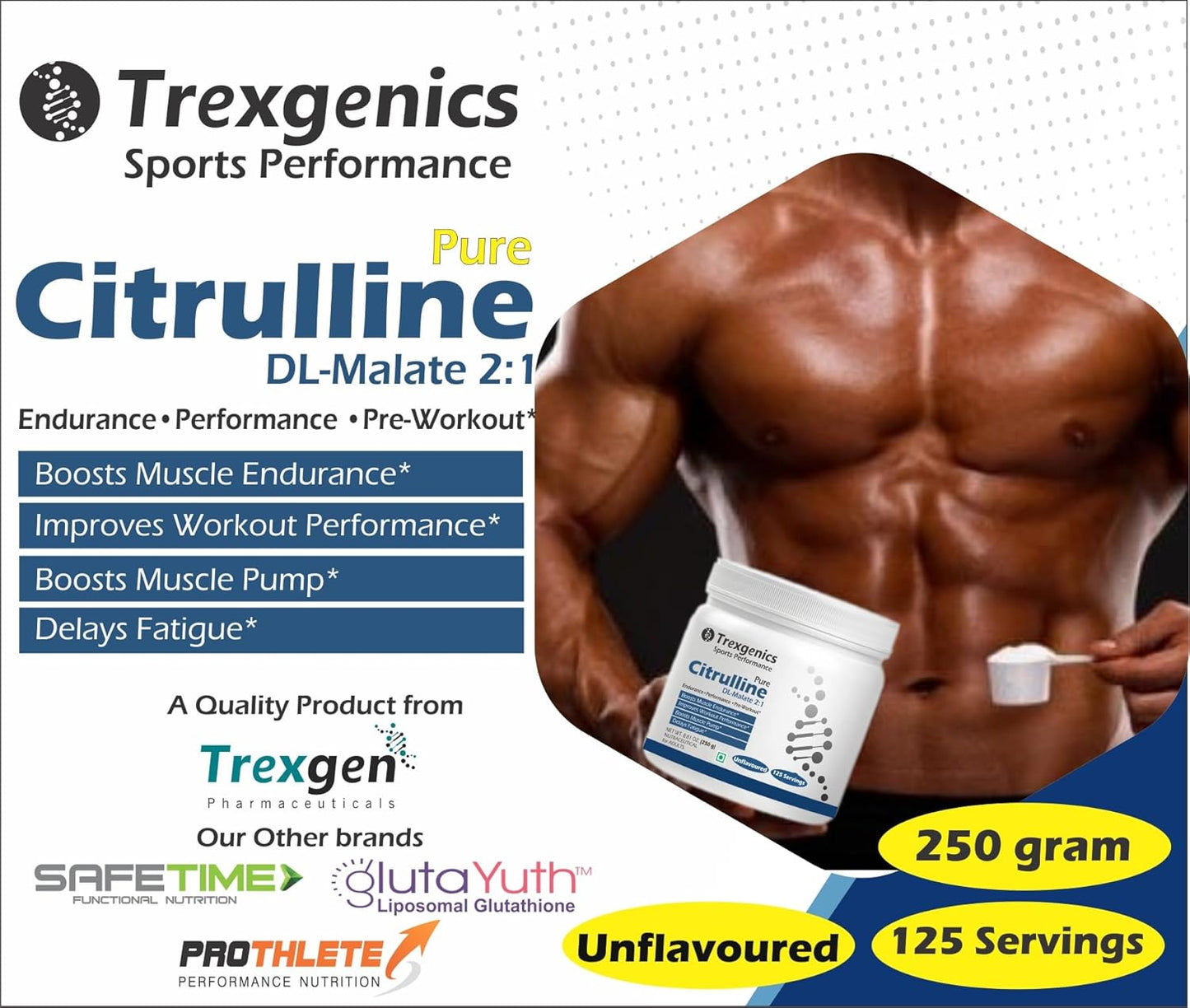 Advertisement for Trexgenics Pure Citrulline DL-Malate supplement with a muscular person holding the product.