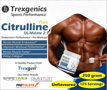 Advertisement for Trexgenics Pure Citrulline DL-Malate supplement with a muscular person holding the product.