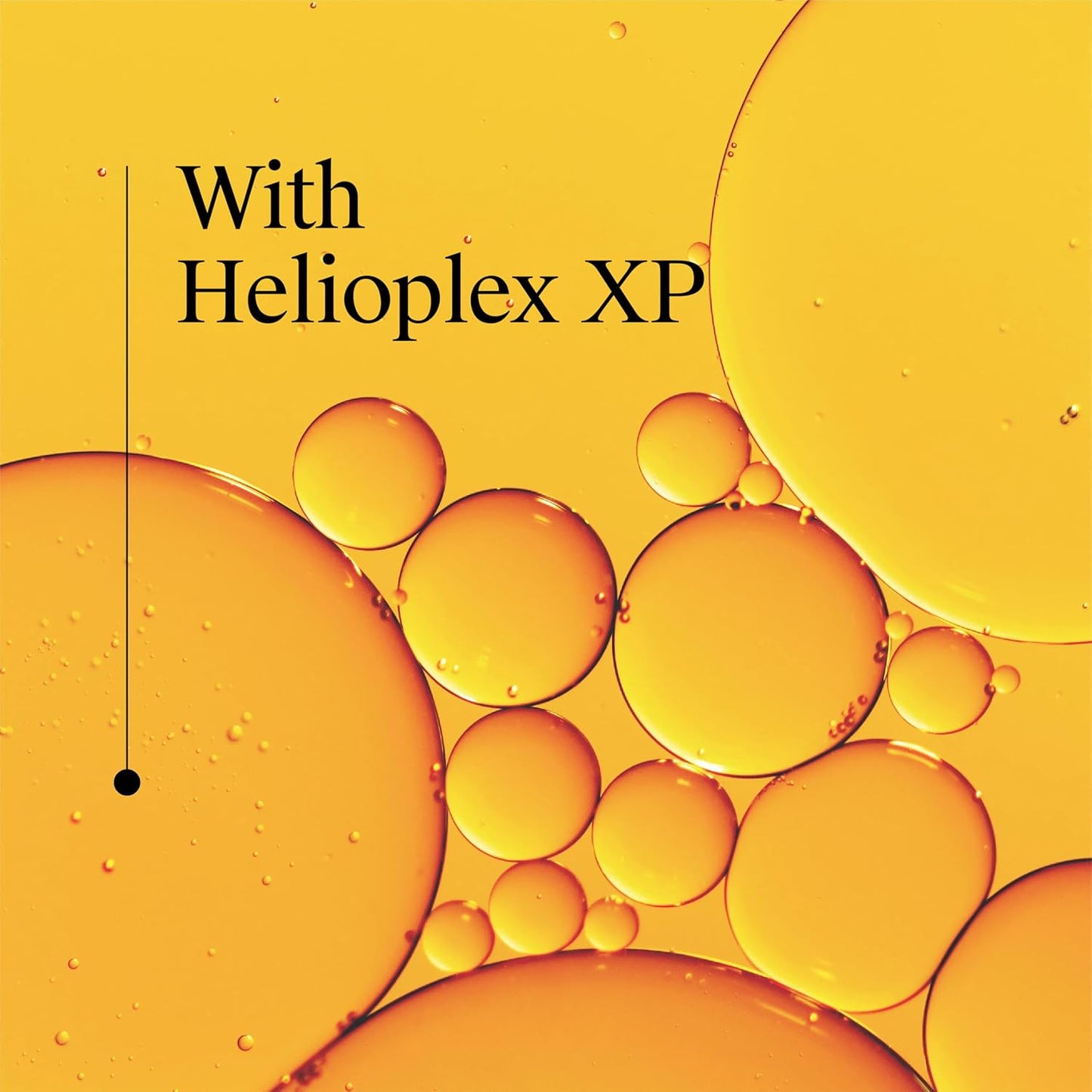Yellow background with oil bubbles and text 'With Helioplex XP'