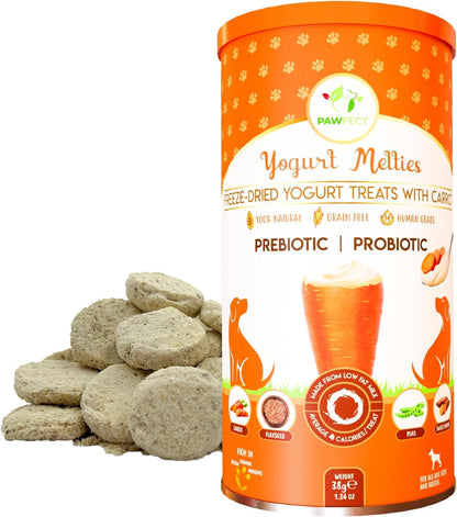 Pawfect Yogurt Melties Freeze-Dried Pre and Probiotic Dog Treats with Carrot, Flaxseed, Pea & Sweet Potato - Gut Health - Low Calories Snacks - Grain-Free - Dog Training Treats (38g/1.34oz)