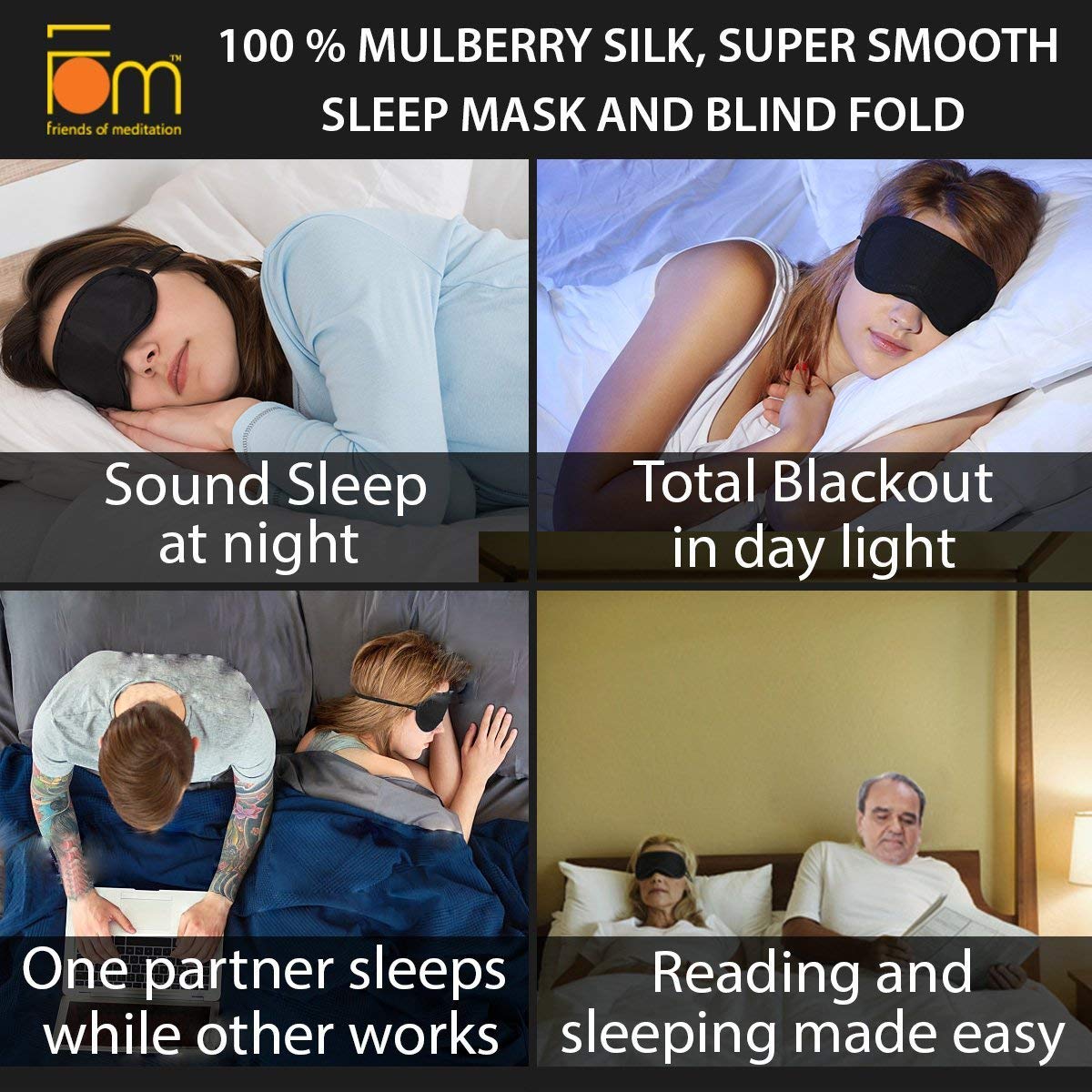Friends of Meditation ® 100% Mulberry Silk, Super Smooth Sleep Mask And Blind Fold (Navy Blue)