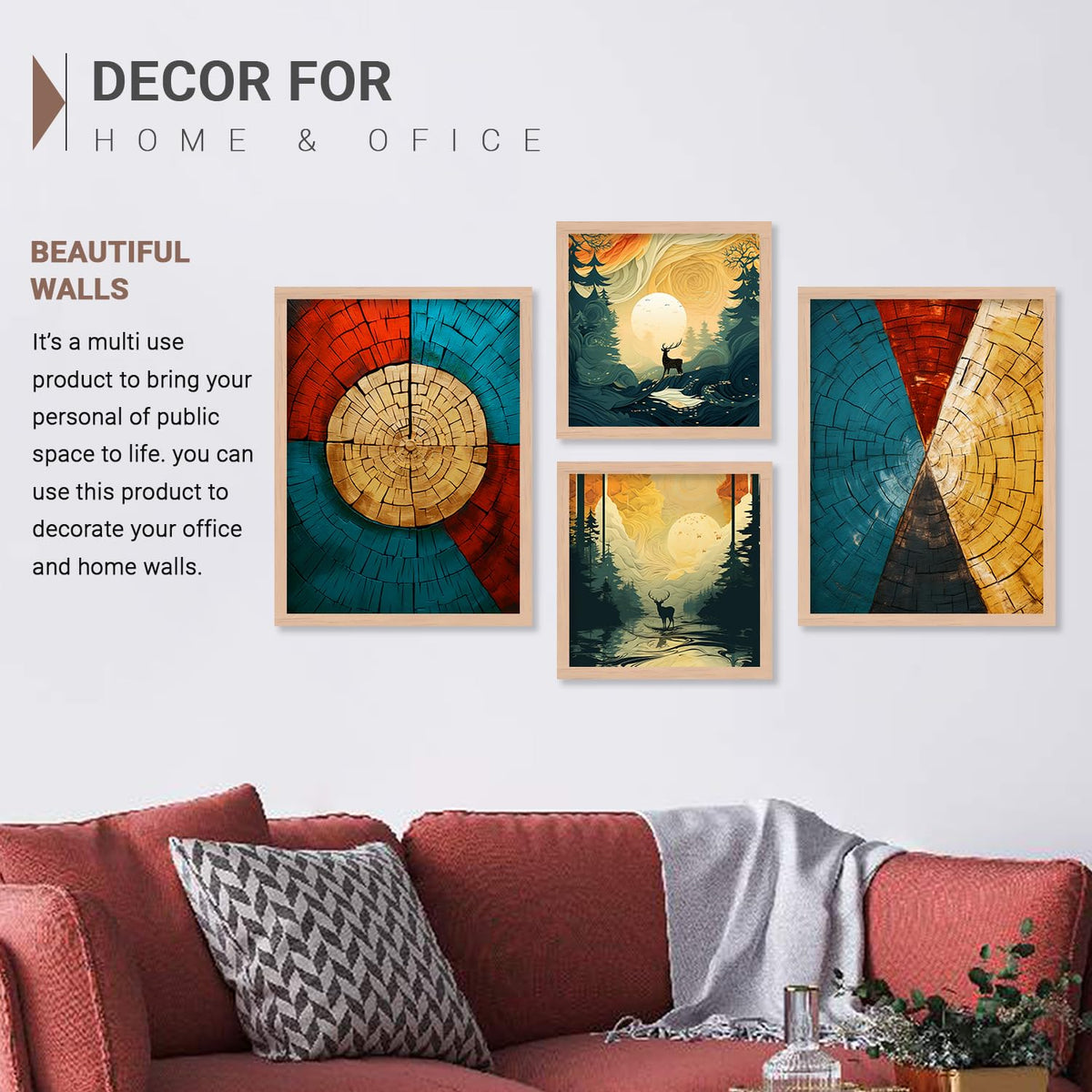 Aesthetic Art Home Decoration Painting | Paintings With Frame For Living Room Bed Room Hotel Wall Decor Digital Reprint Set of 4