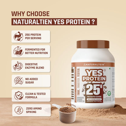 Naturaltein YES Protein container with benefits listed on a beige background