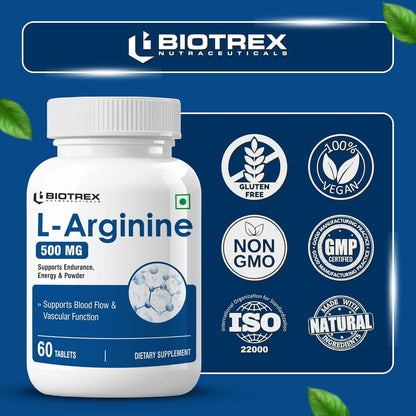 Biotrex Nutraceuticals L-Arginine 500mg Supplement | Nitric Oxide Booster & Muscle Growth | Blood Flow & Heart Health | Pre Workout | Non-GMO | 60 Tablets