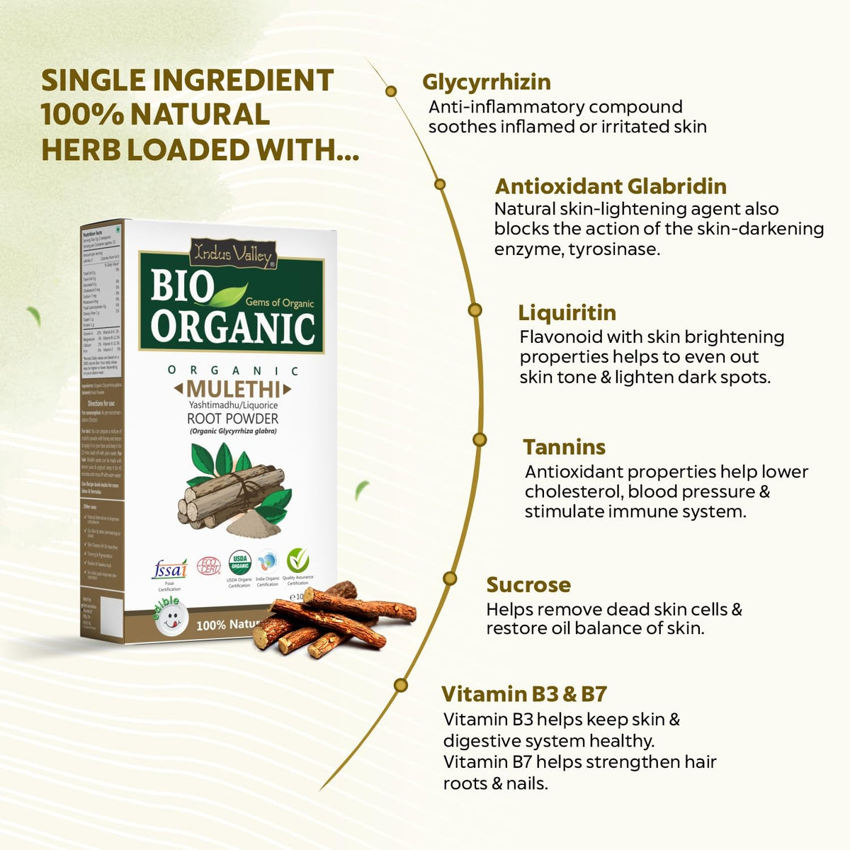 Bio Organic Mulethi Root Powder packaging with health benefits listed on a light green background