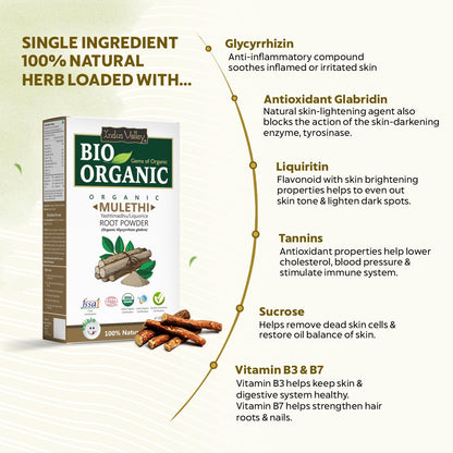Bio Organic Mulethi Root Powder packaging with health benefits listed on a light green background