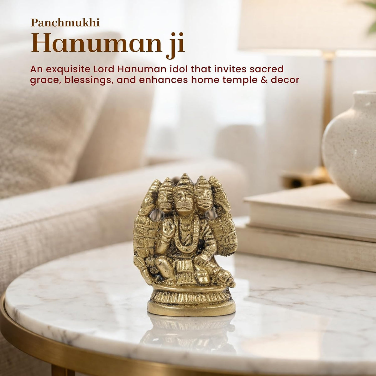 Panchmukhi Hanuman Ji Idol | Brass Five Face Hanuman Sculpture with Radiant Finish for Pooja Room | Festive Gift Idol (Design06: L4 x W2 x H5 cm)