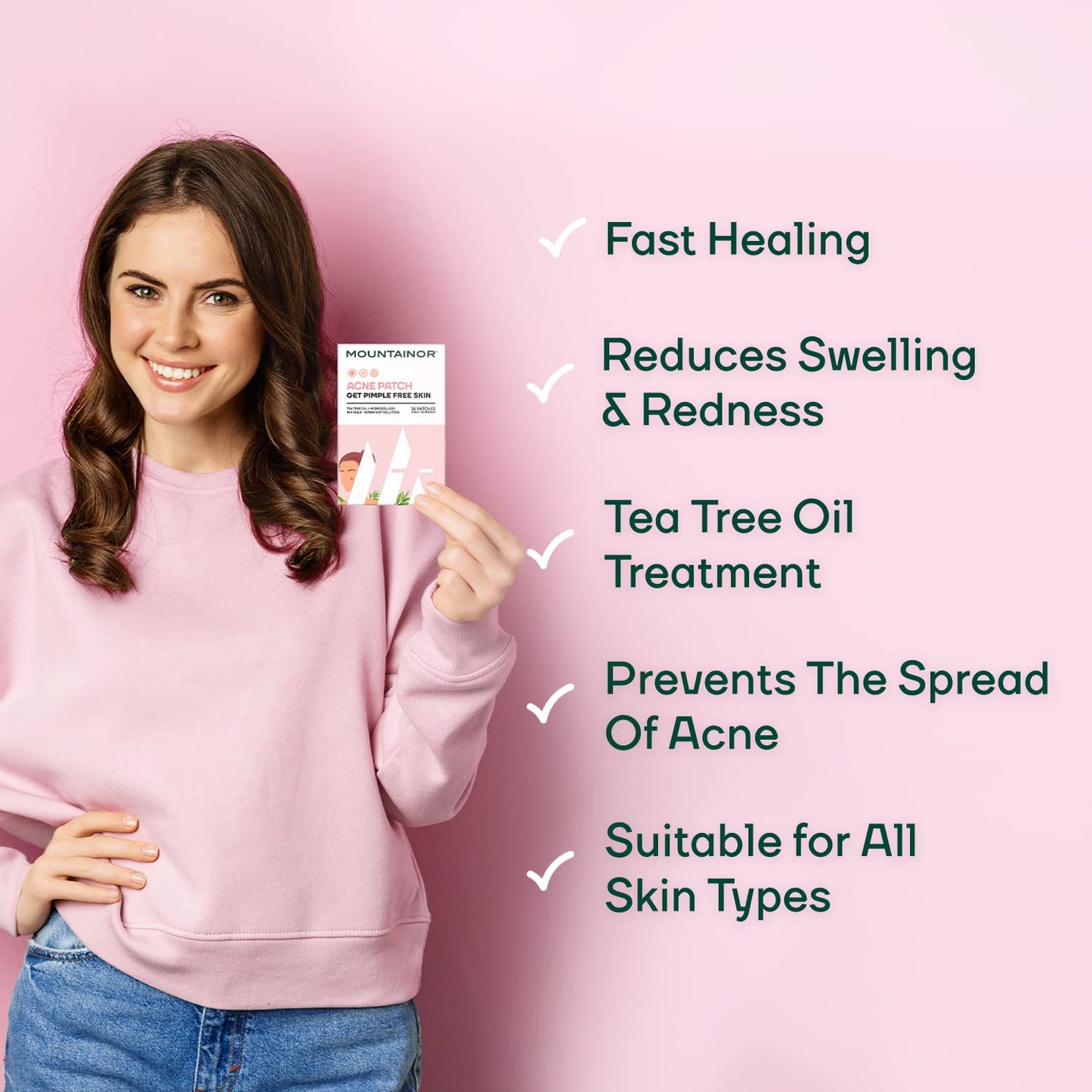 Woman holding a skincare product with text about its benefits on a pink background