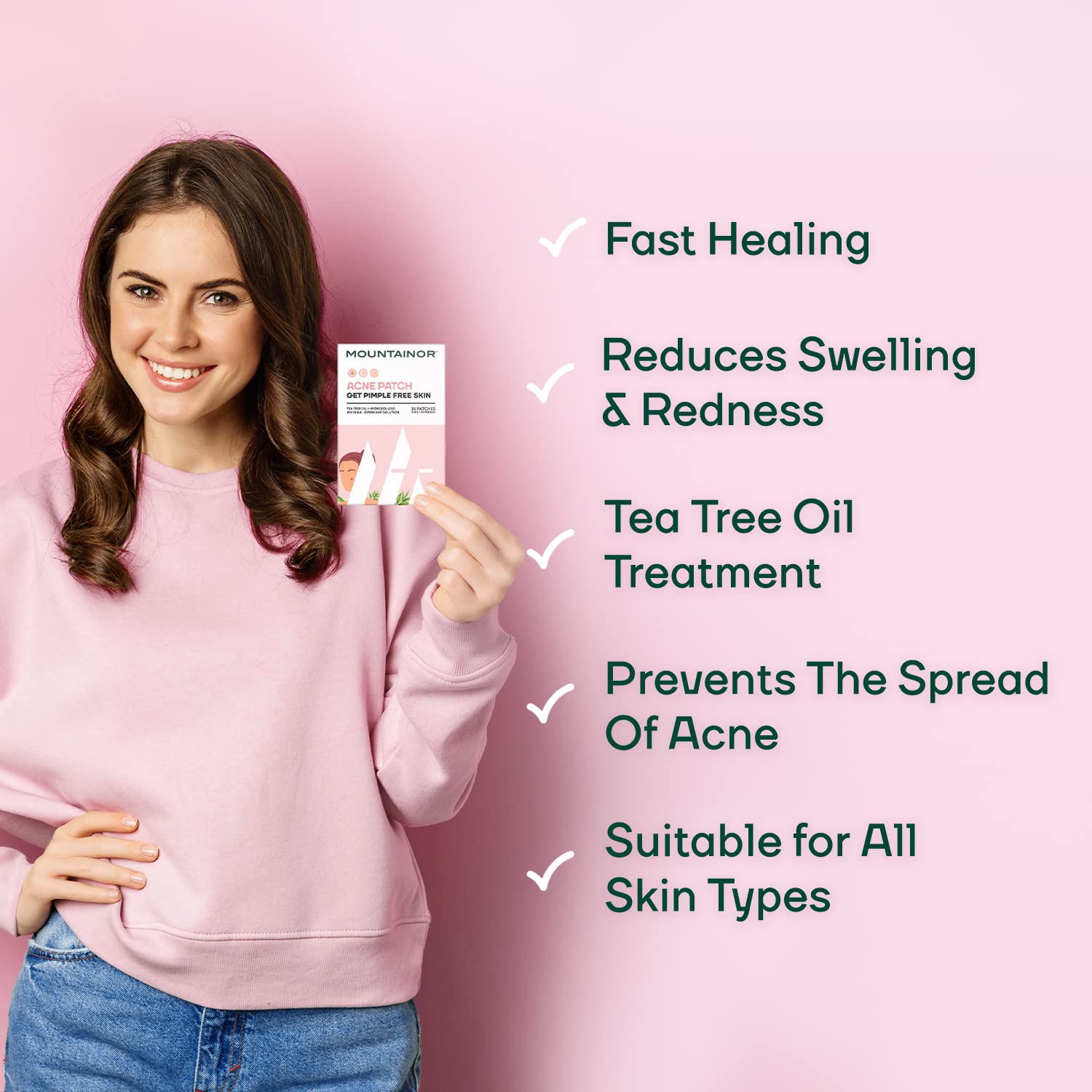 Woman holding a skincare product with text about its benefits on a pink background