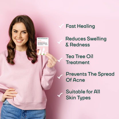 Woman holding a skincare product with text about its benefits on a pink background