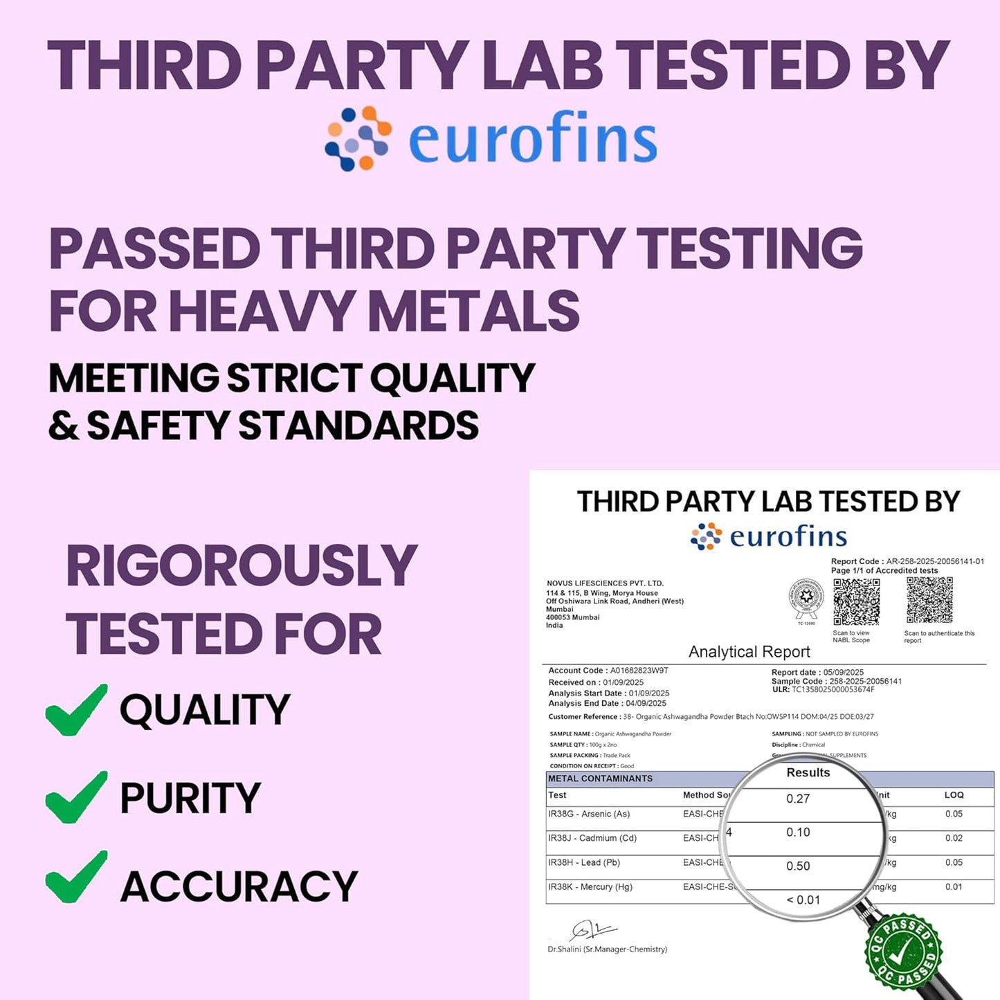 Eurofins third-party testing certificate for heavy metals with a magnifying glass highlighting the document.