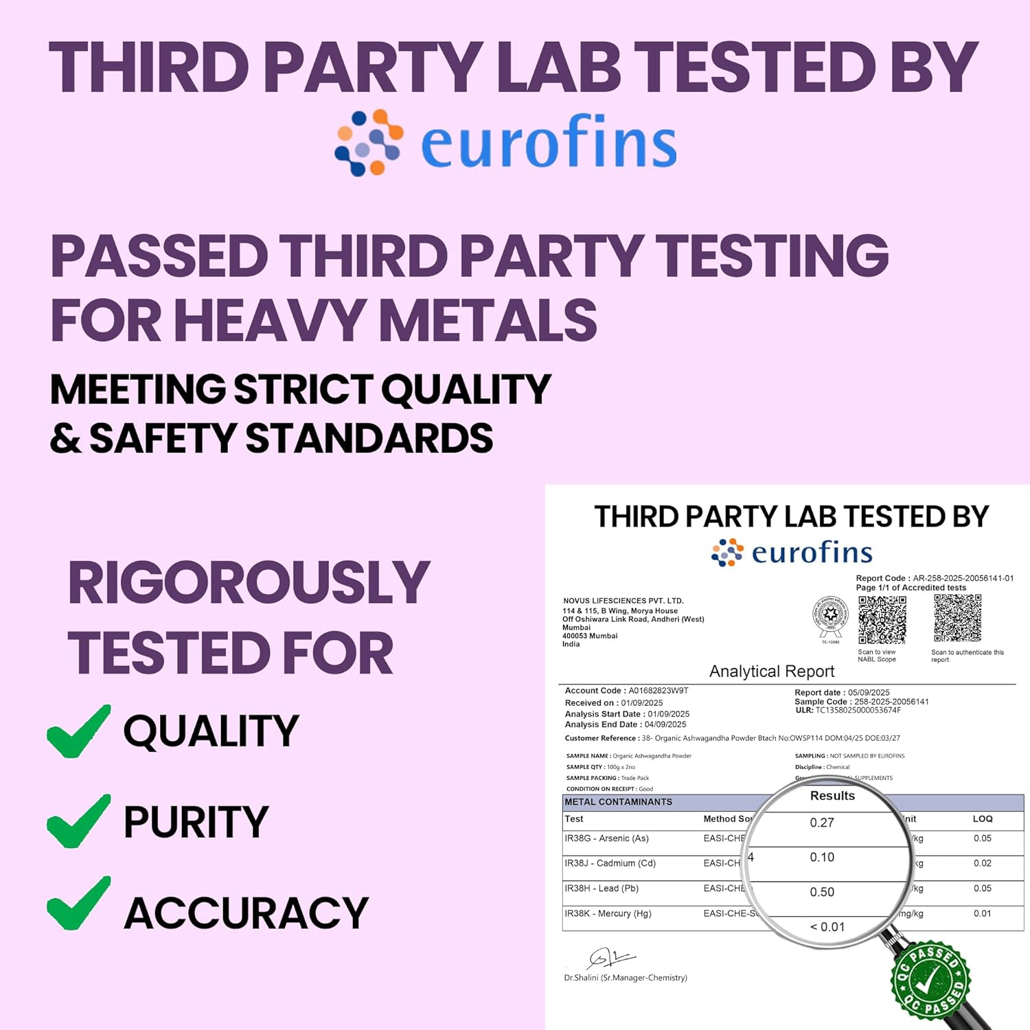 Eurofins third-party testing certificate for heavy metals with a magnifying glass highlighting the document.