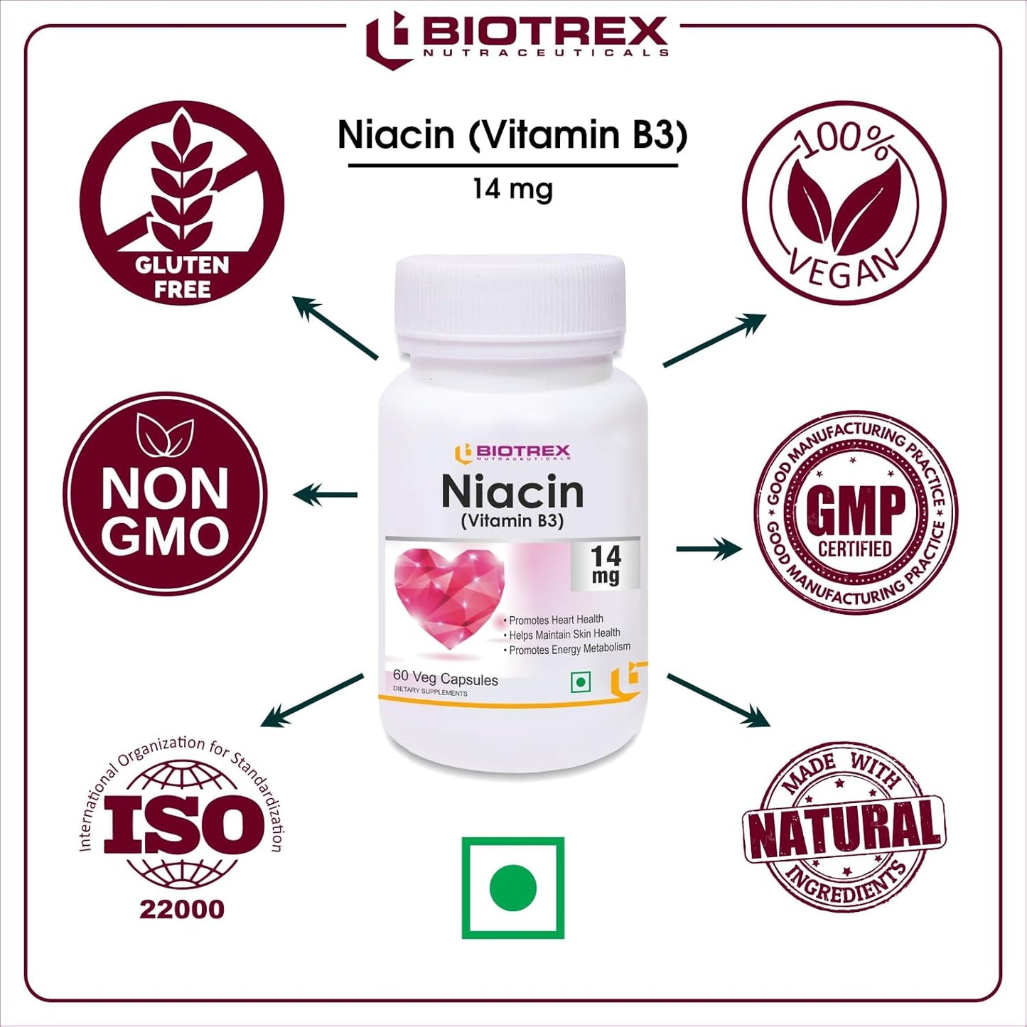 Biotrex Nutraceuticals Niacin 14mg Vitamin B3 With Inositol 50mg Supplement - 60 Veg Capsules