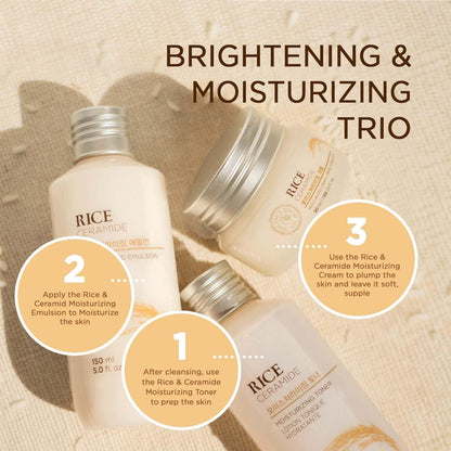 Three bottles of Rice Ceramide skincare products with application instructions on a beige background.